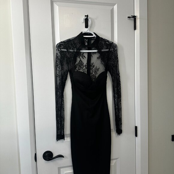 Fashion Nova Black Lace Long Sleeve Midi Dress with Neck Strap – XS - Picture 2 of 6
